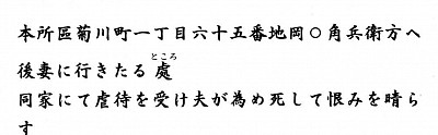 本所區菊川町一丁目六十五番地岡○角兵衛方へ後妻に行きたる處ところ同家にて虐待を受け夫が為ため死して恨みを晴らす